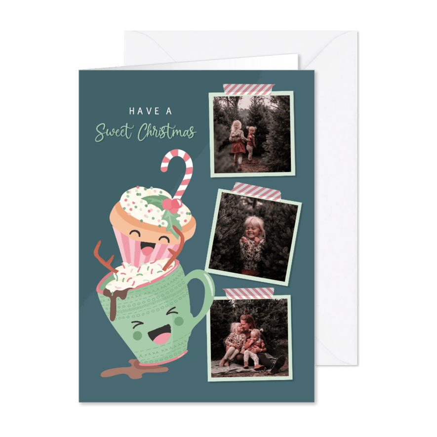 Zoete kerstkaart met grappige illustratie van warme choco - Kaartimpressie