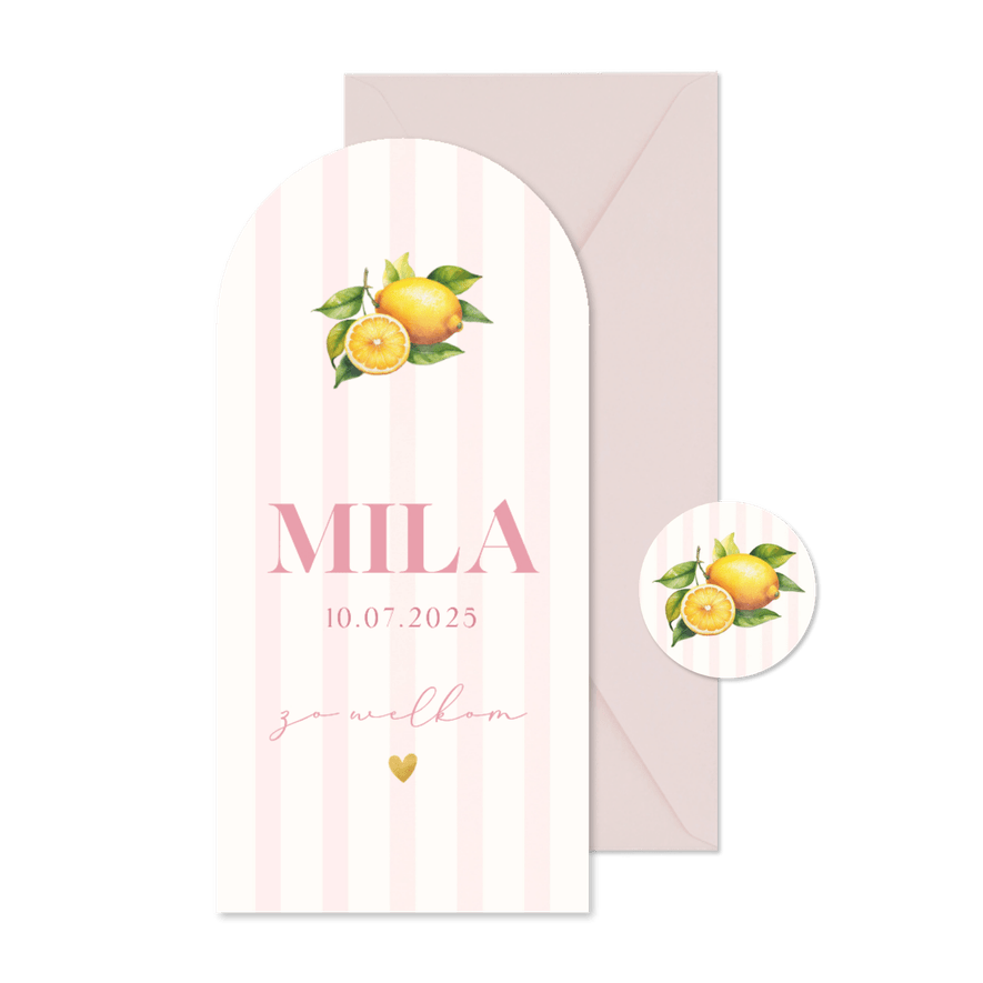 Zomers geboortekaartje meisje citroenen en roze streepjes - Kaartimpressie