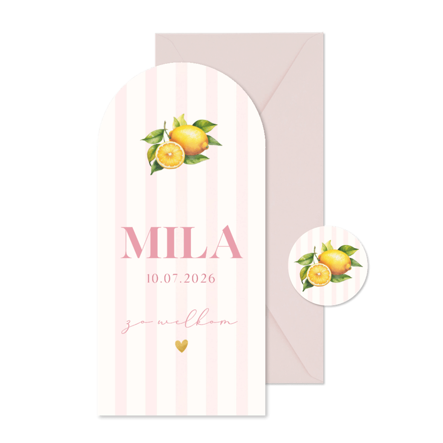 Zomers geboortekaartje meisje citroenen en roze streepjes - Kaartimpressie