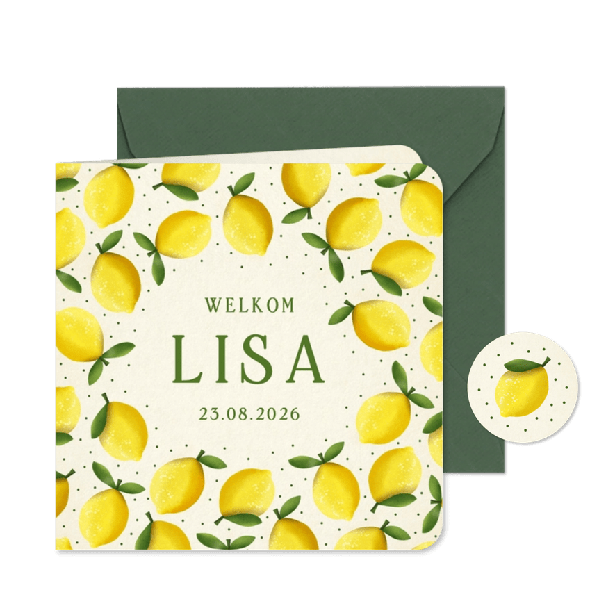 Zomers geboortekaartje met citroenen in vintage look  - Kaartimpressie