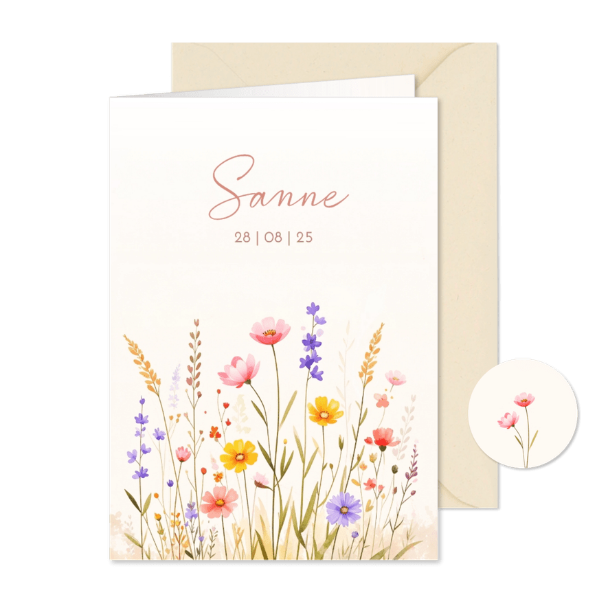 Zomers geboortekaartje met gemengde bloemen aquarel - Kaartimpressie