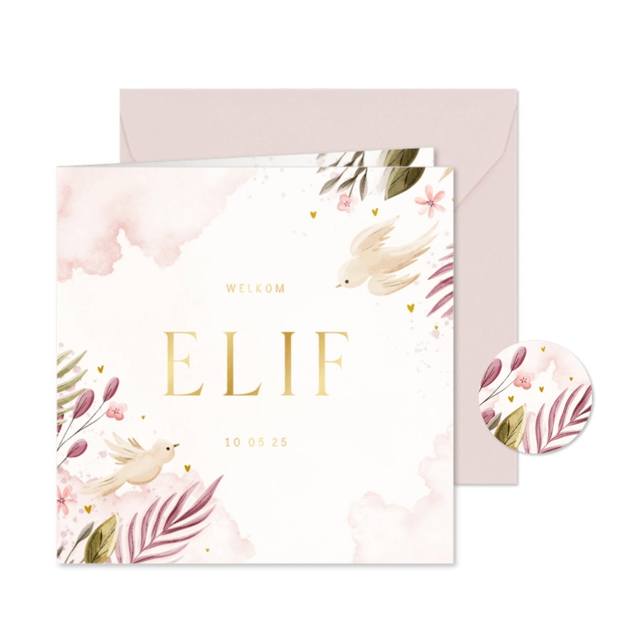 Zomers geboortekaartje met takjes, bloemen en duiven - Kaartimpressie