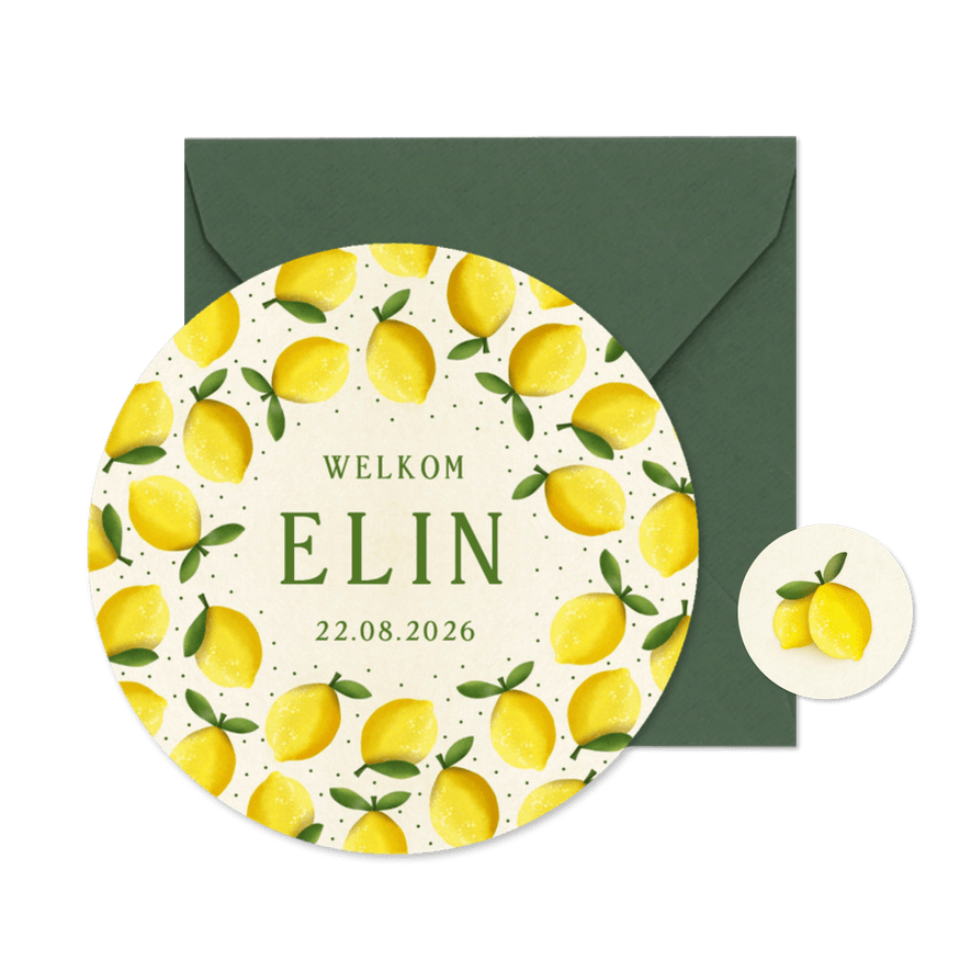 Zomers rond geboortekaartje met citroenen - meisje - Kaartimpressie