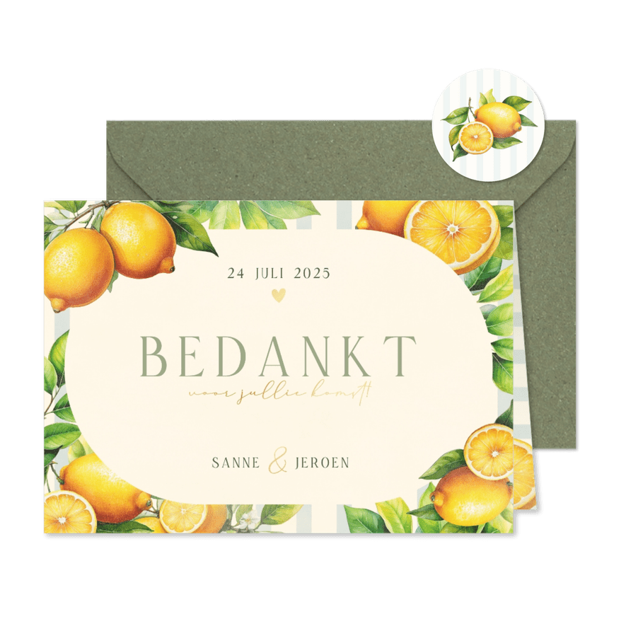Zomerse bedankkaart met citroenen streepjes en takjes - Kaartimpressie