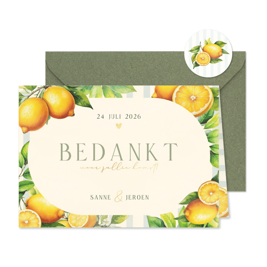 Zomerse bedankkaart met citroenen streepjes en takjes - Kaartimpressie