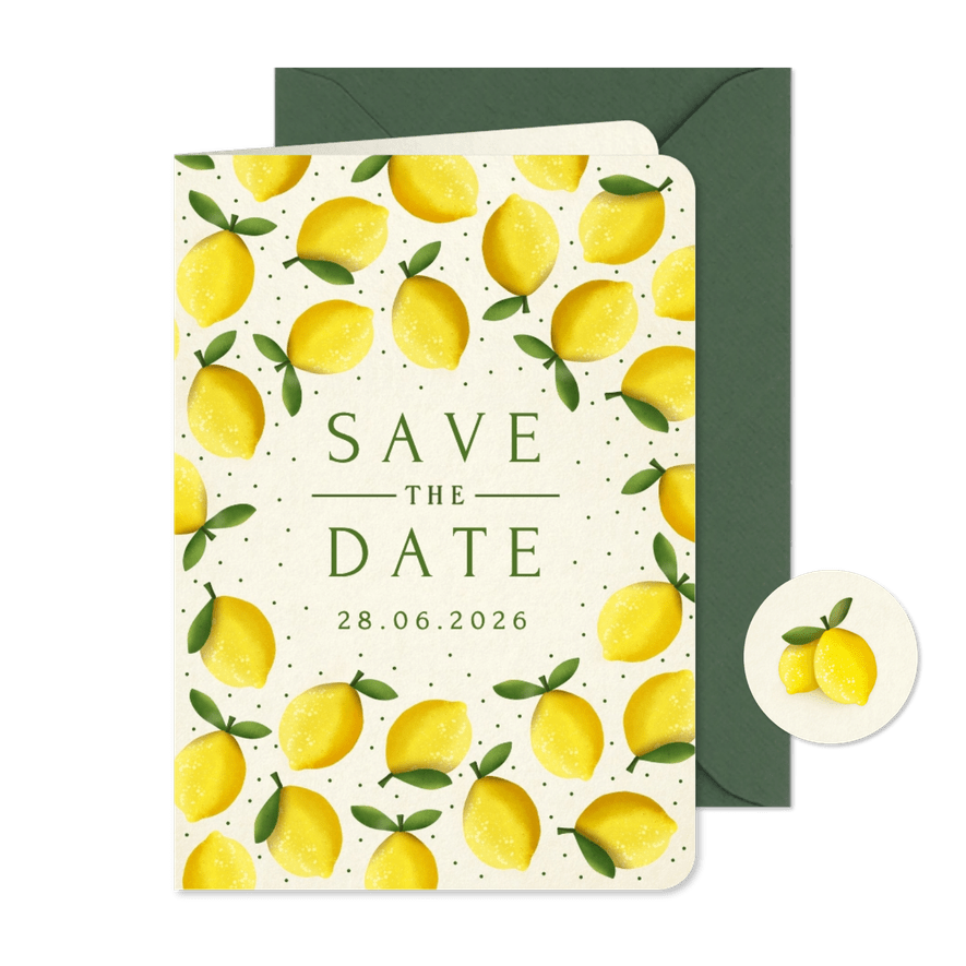 Zomerse Mediteraanse Save the Date kaart met citroenen - Kaartimpressie
