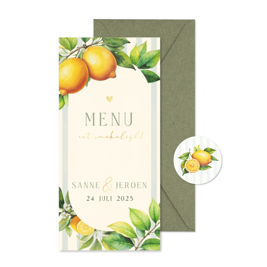 Zomerse menukaart met citroenen streepjes en takjes - Kaartimpressie
