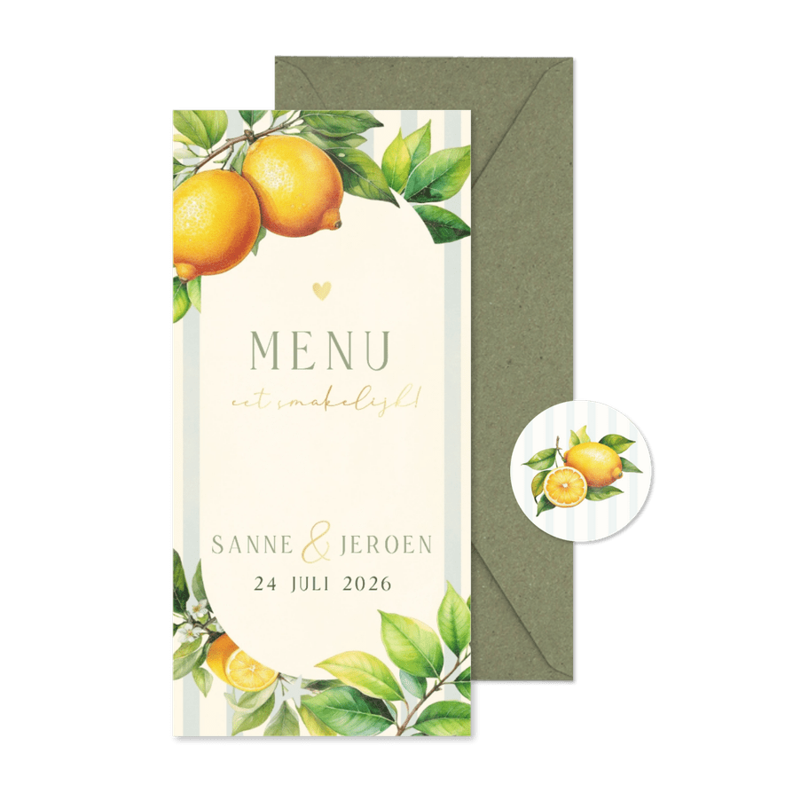 Zomerse menukaart met citroenen streepjes en takjes - Kaartimpressie