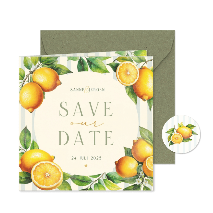 Zomerse save the date met citroenen streepjes en takjes - Kaartimpressie