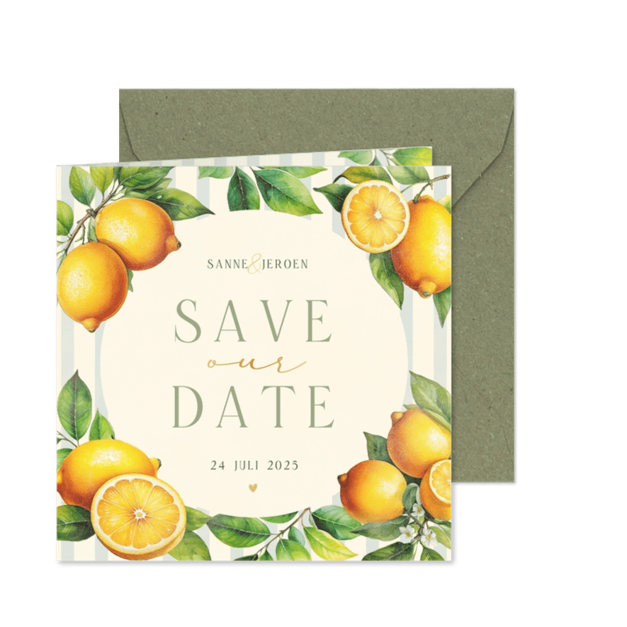Zomerse save the date met citroenen streepjes en takjes - Kaartimpressie