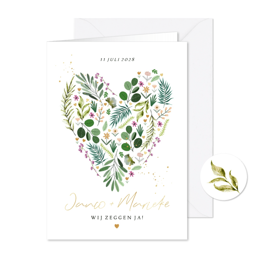 Zomerse trouwkaart botanisch bladeren gouden details - Kaartimpressie