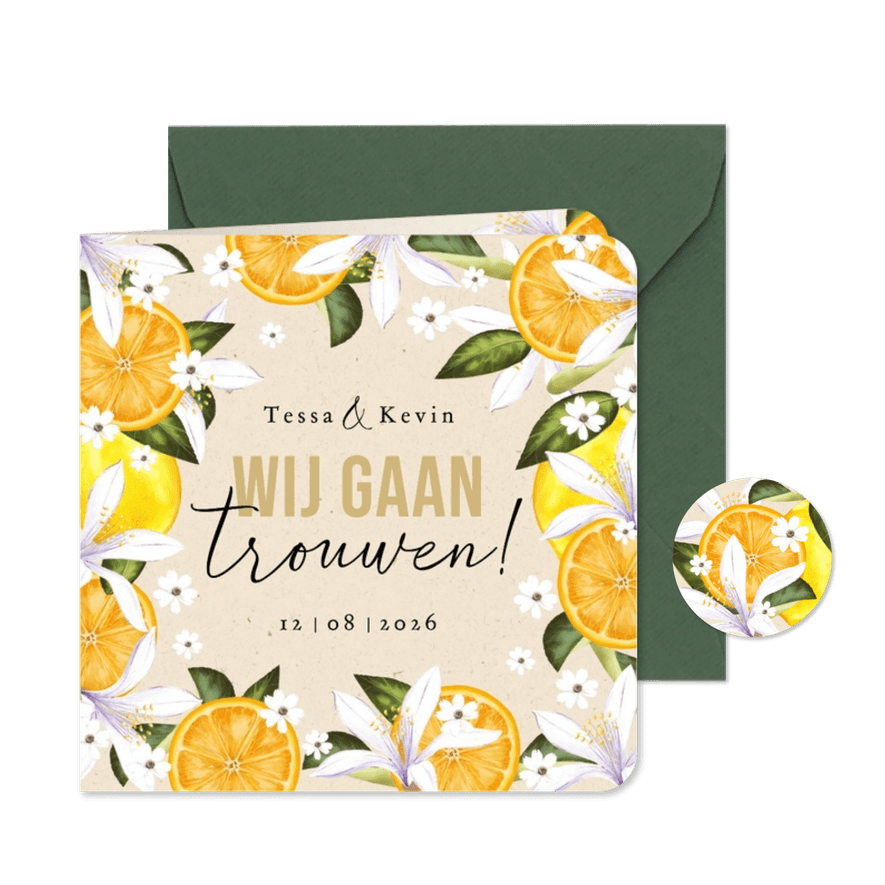 Zomerse trouwkaart botanisch fruit bloemen - Kaartimpressie