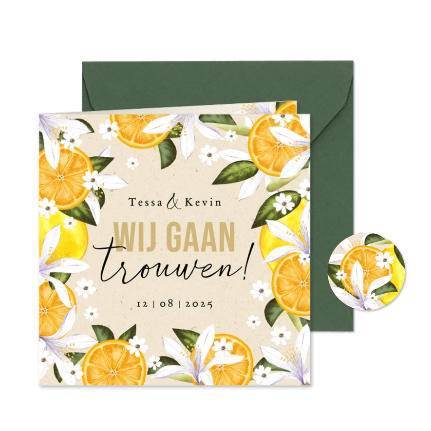 Zomerse trouwkaart botanisch fruit bloemen - Kaartimpressie
