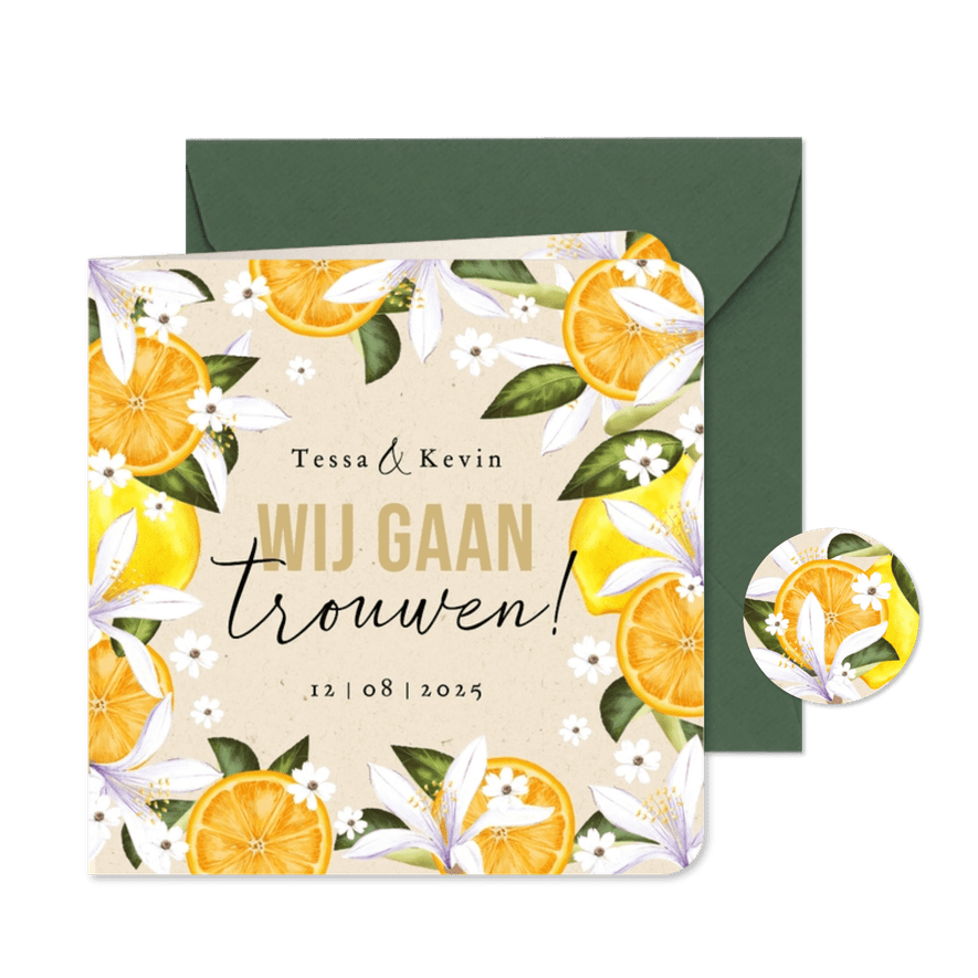 Zomerse trouwkaart botanisch fruit bloemen - Kaartimpressie