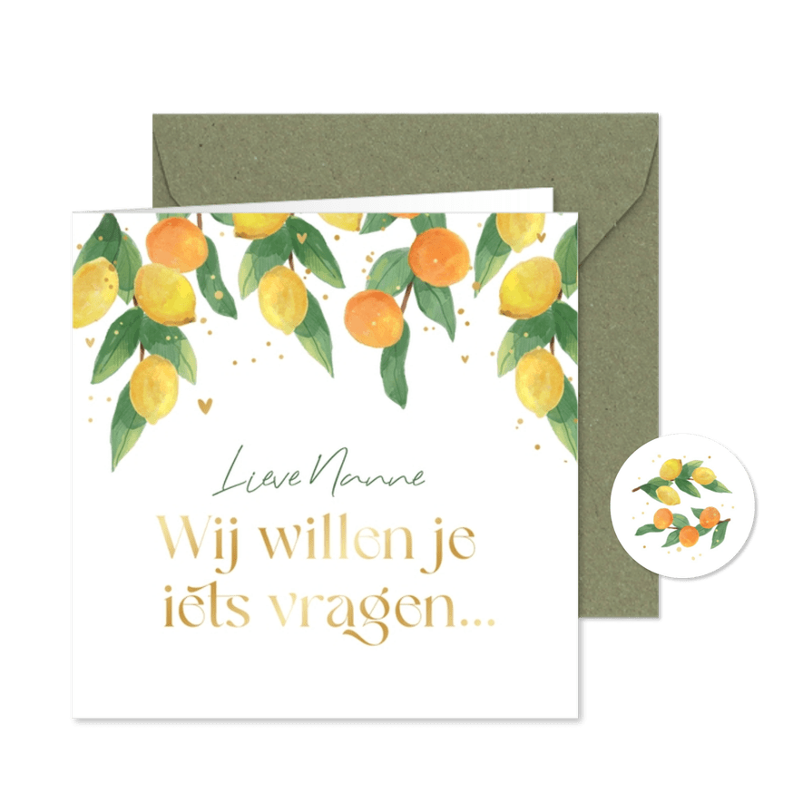 Zomerse trouwkaart citroenen mandarijnen mediterrane goud - Kaartimpressie