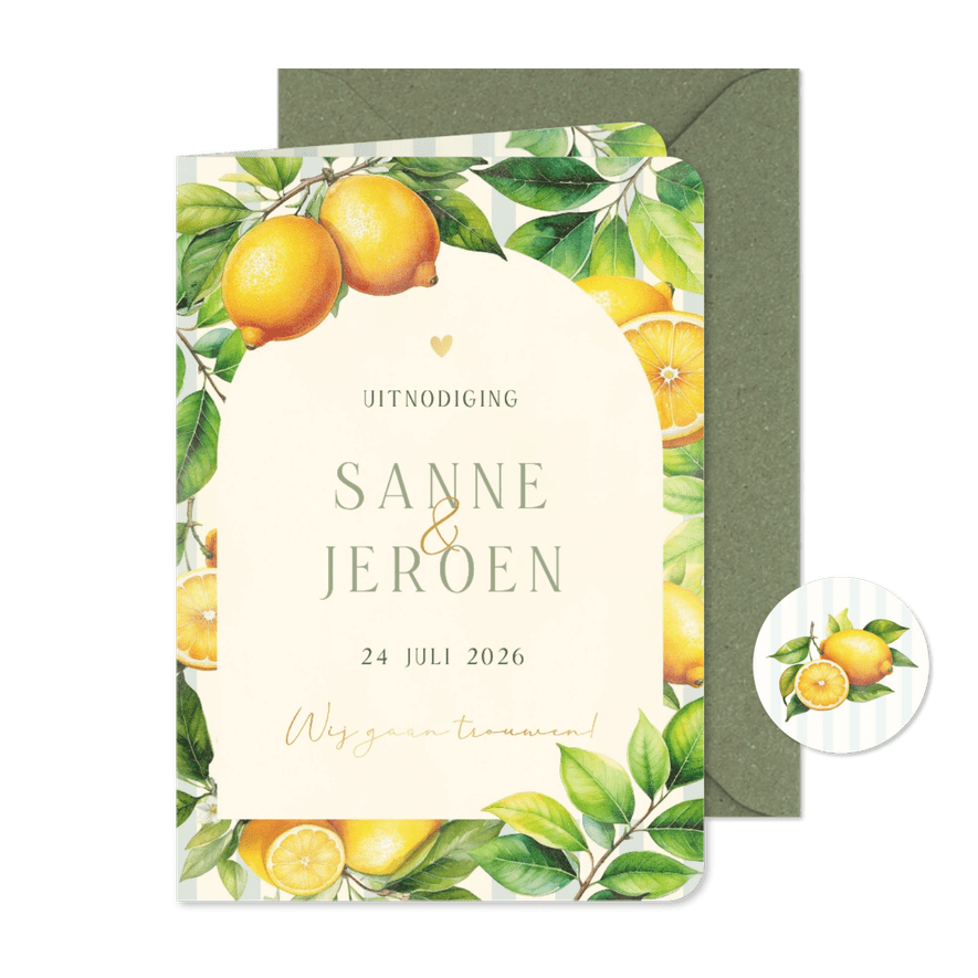 Zomerse trouwkaart met citroenen, streepjes en takjes - Kaartimpressie