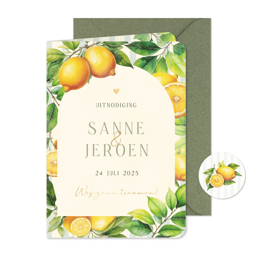 Zomerse trouwkaart met citroenen, streepjes en takjes - Kaartimpressie