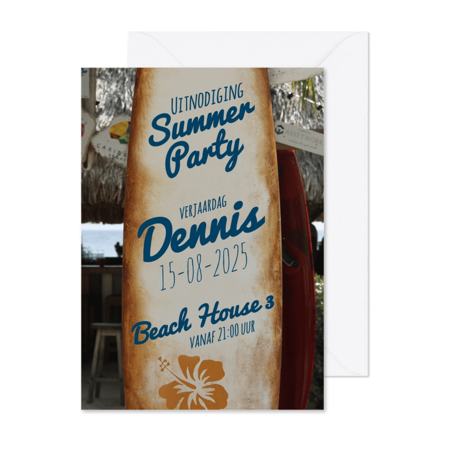 Zomerse uitnodiging feestje surfplank met tekst - Kaartimpressie