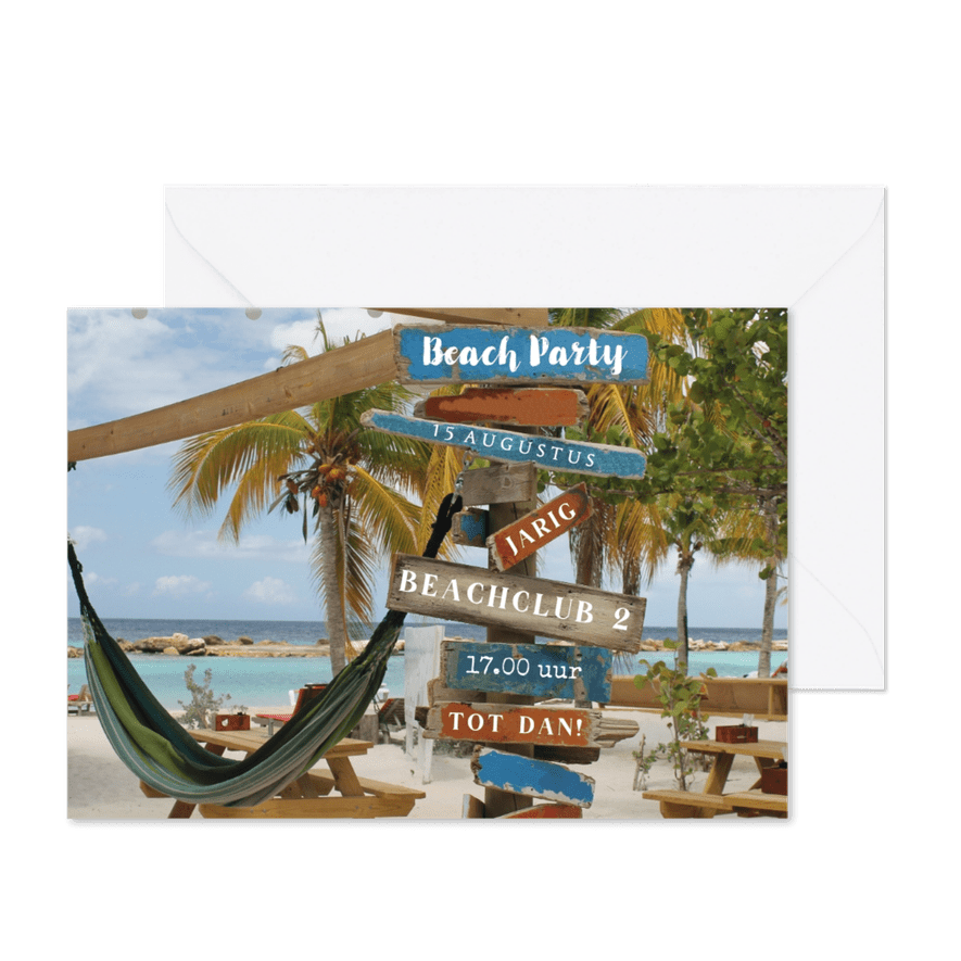 Zomerse uitnodiging hangmat en wegwijzer - Kaartimpressie