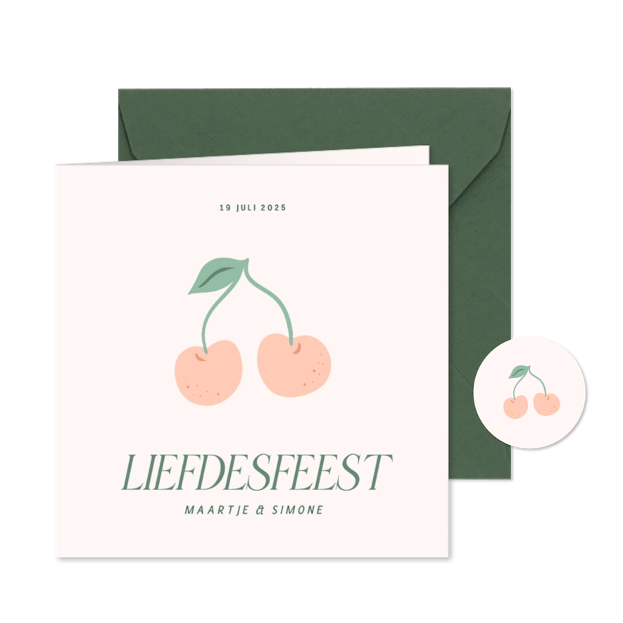 Zomerse uitnodiging liefdesfeest met kersjes oranje - Kaartimpressie