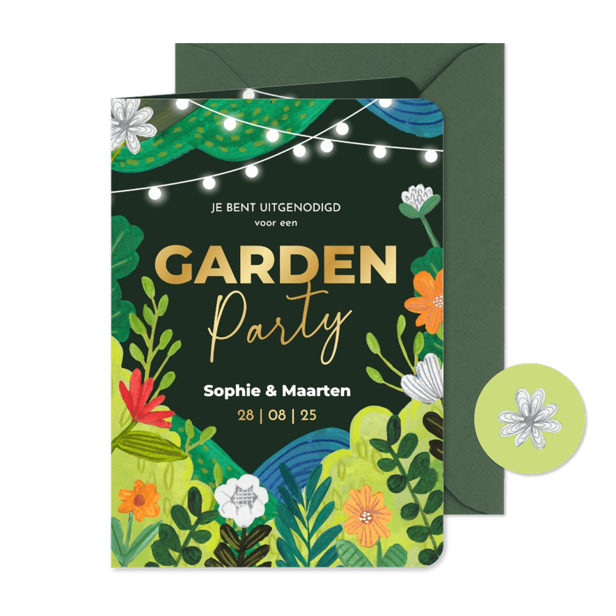 Zomerse uitnodiging tuinfeest met bloemen en lampionnetjes - Kaartimpressie