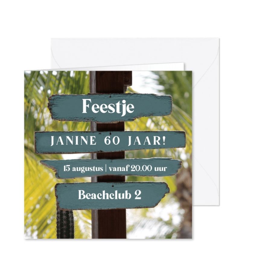 Zomerse uitnodiging wegwijzer van blauw drijfhout  - Kaartimpressie