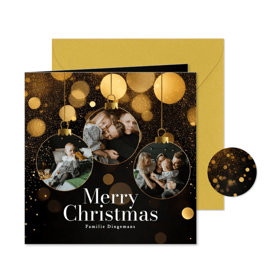 Zwart kerstkaartje met foto in kerstbal vorm en glitters - Kaartimpressie