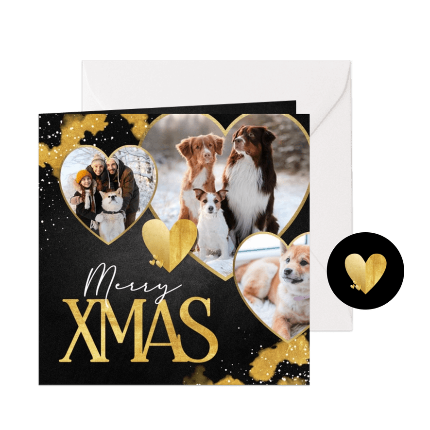 Zwart met gouden kerstkaart met foto's in hartjevormen - Kaartimpressie