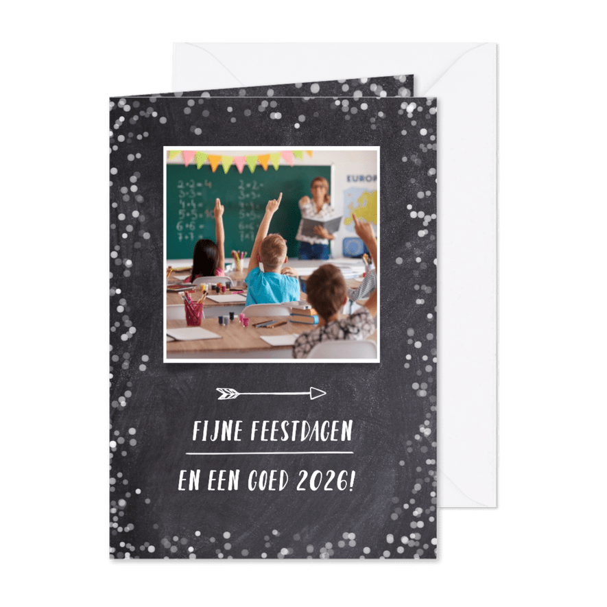 Zwart witte kerstkaart school met eigen foto - Kaartimpressie