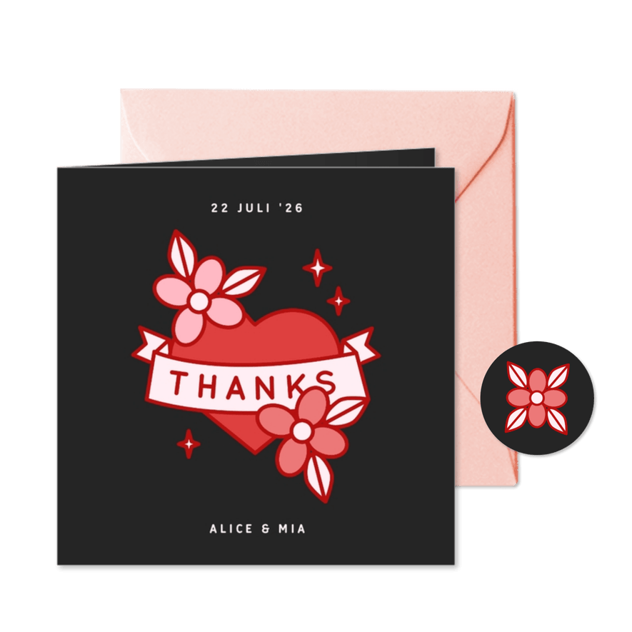 Zwarte bedankkaart met rode en roze bloemen illustraties - Kaartimpressie