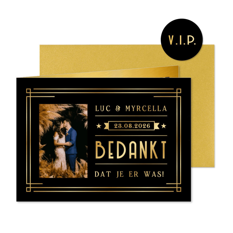 Zwarte bedankkaart trouwen in art-deco stijl met goudfolie  - Kaartimpressie