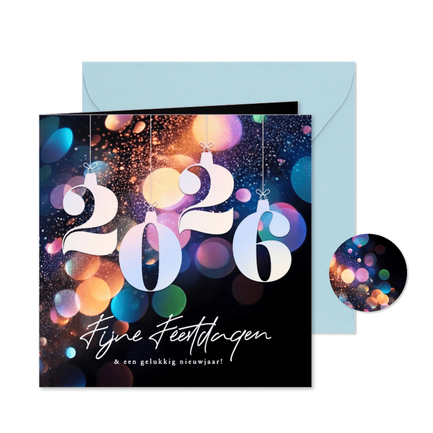 Zwarte chique kerstkaart met kleuren en 2026 - Kaartimpressie