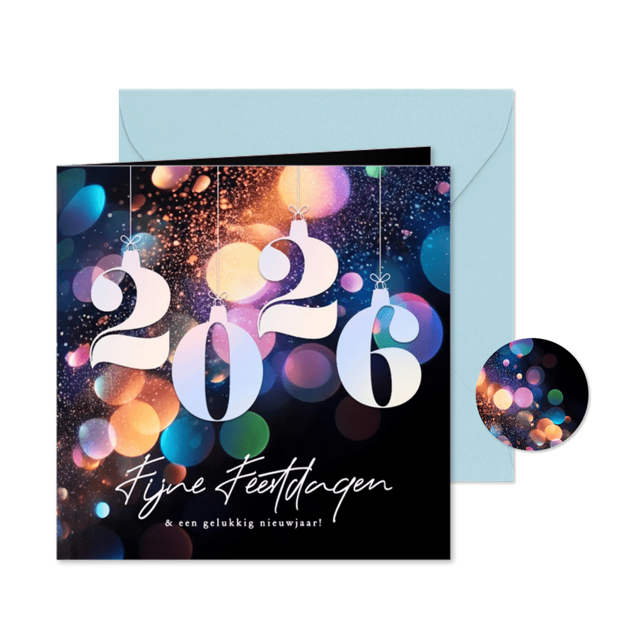 Zwarte chique kerstkaart met kleuren en 2026 - Kaartimpressie