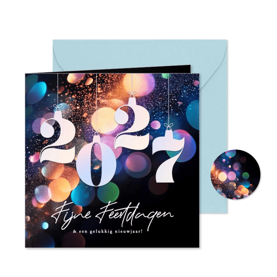 Zwarte chique kerstkaart met kleuren en 2027 - Kaartimpressie