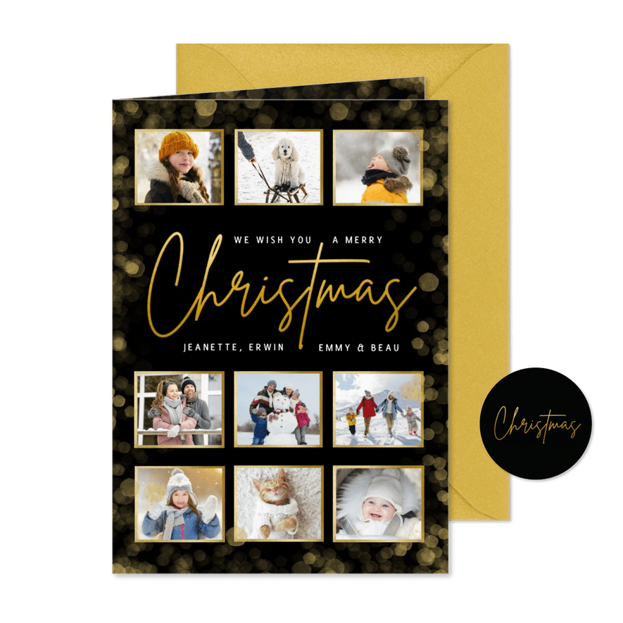 Zwarte fotocollage kerstkaart met goudlook merry christmas - Kaartimpressie