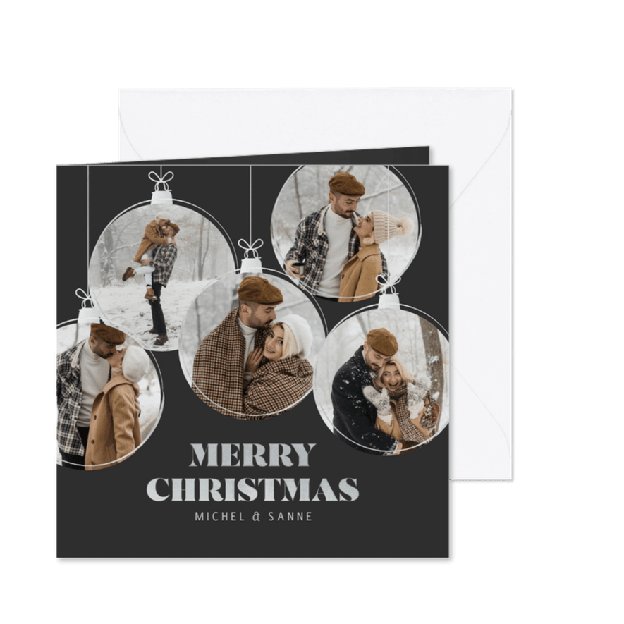 Zwarte fotocollage kerstkaart met kerstballen en zilver - Kaartimpressie