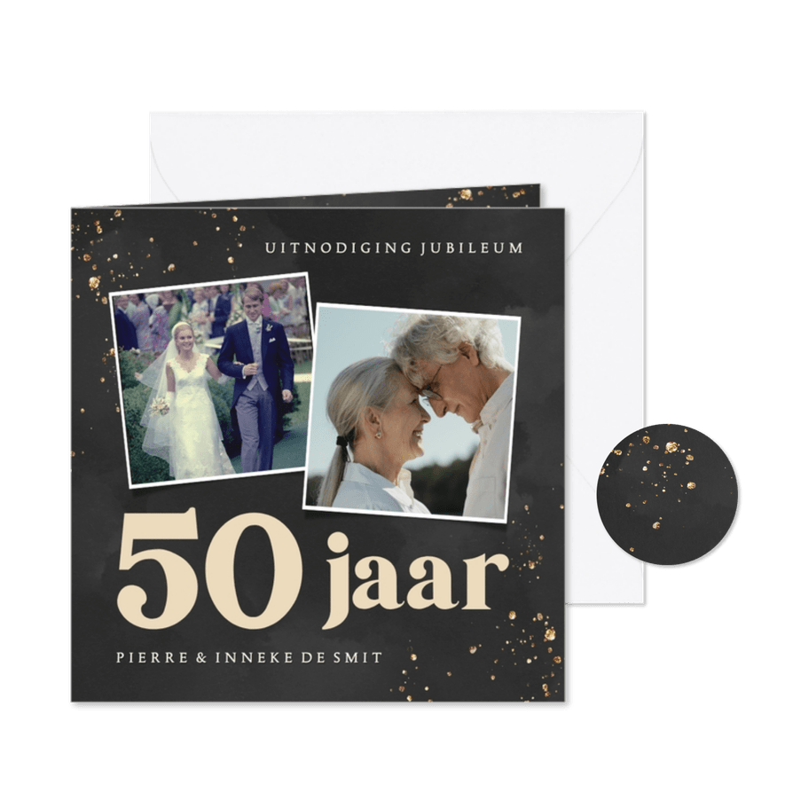 Zwarte jubileumkaart met gouden spetters en foto's 50 jaar - Kaartimpressie