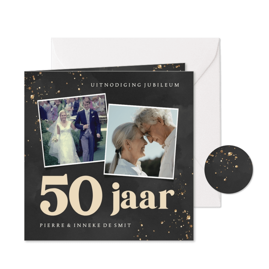 Zwarte jubileumkaart met gouden spetters en foto's 50 jaar - Kaartimpressie