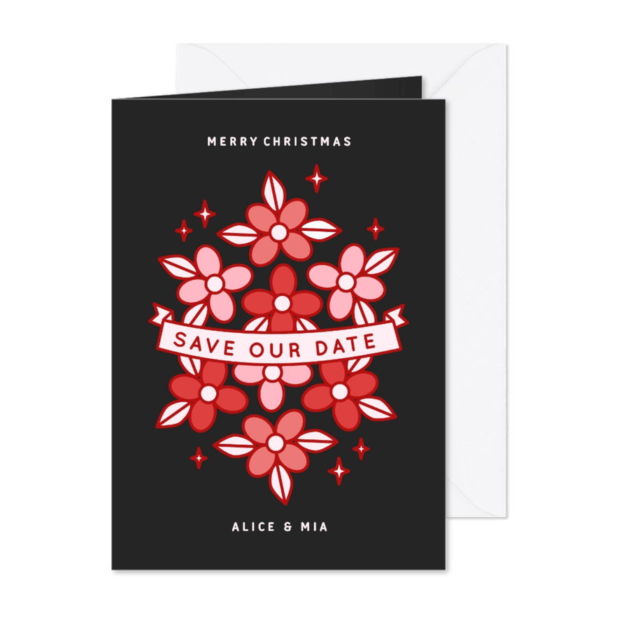 Zwarte kerst save the date kaart met rode en roze bloemen - Kaartimpressie