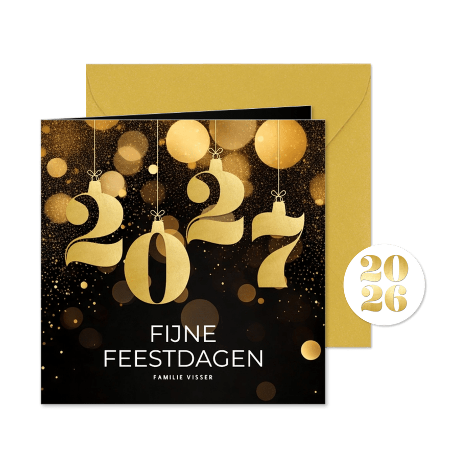 Zwarte kerstkaart met gouden 2027 met glitter - Kaartimpressie