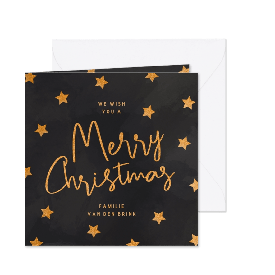 Zwarte kerstkaart met gouden glitter sterren - Kaartimpressie