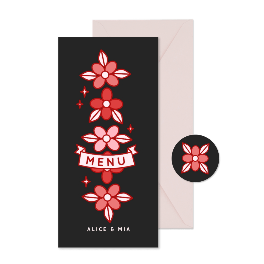 Zwarte menukaart met rode en roze bloemen illustraties - Kaartimpressie