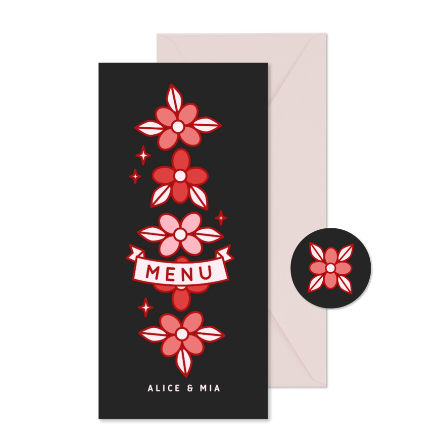  Zwarte menukaart met rode en roze bloemen illustraties - Kaartimpressie