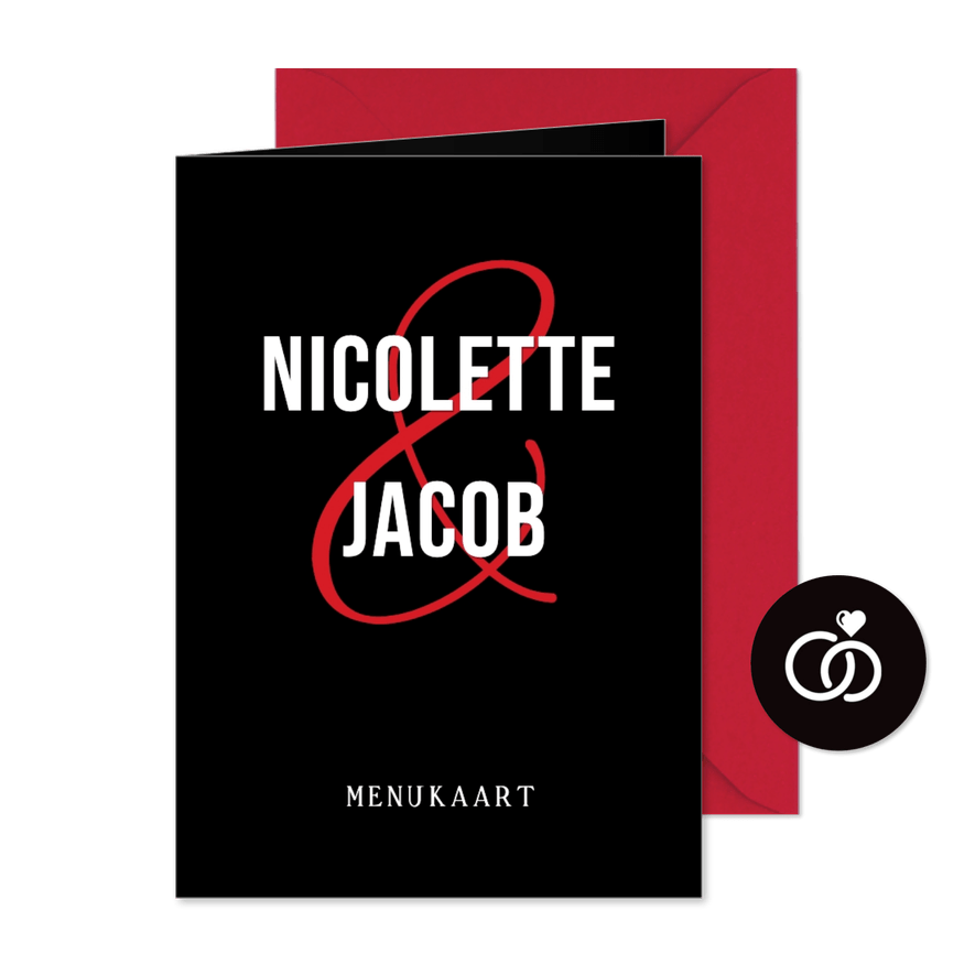 Zwarte menukaart trouwen in film poster stijl met namen - Kaartimpressie
