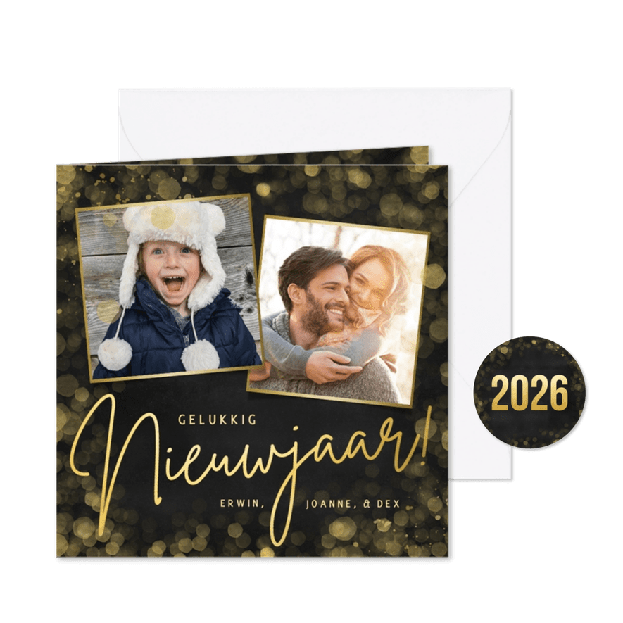 Zwarte nieuwjaarskaart met 2 eigen foto's en goudlook tekst - Kaartimpressie