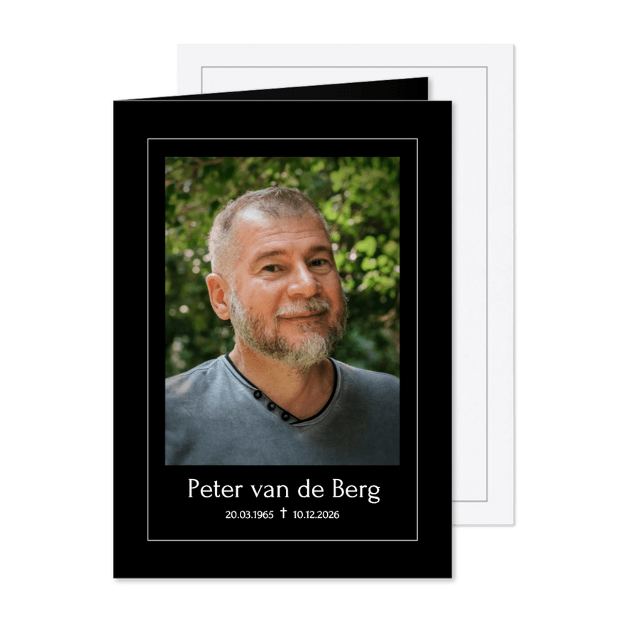 Zwarte rouwkaart met wit kader en grote foto bedankt - Kaartimpressie