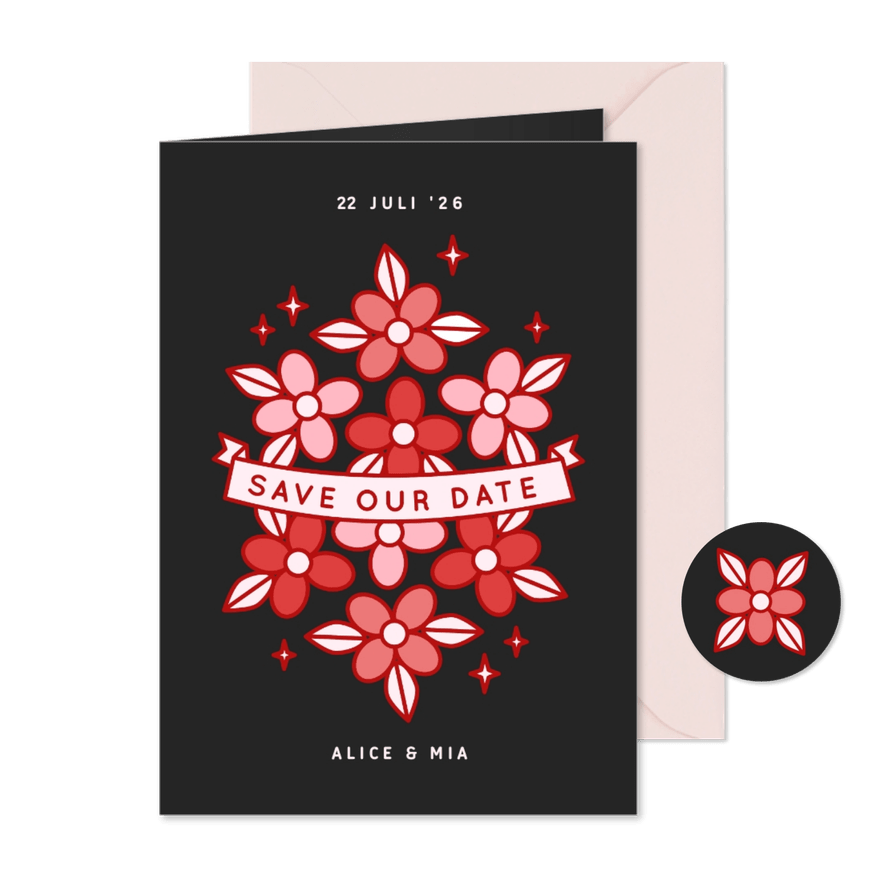 Zwarte save the date kaart met rode en roze bloemen - Kaartimpressie