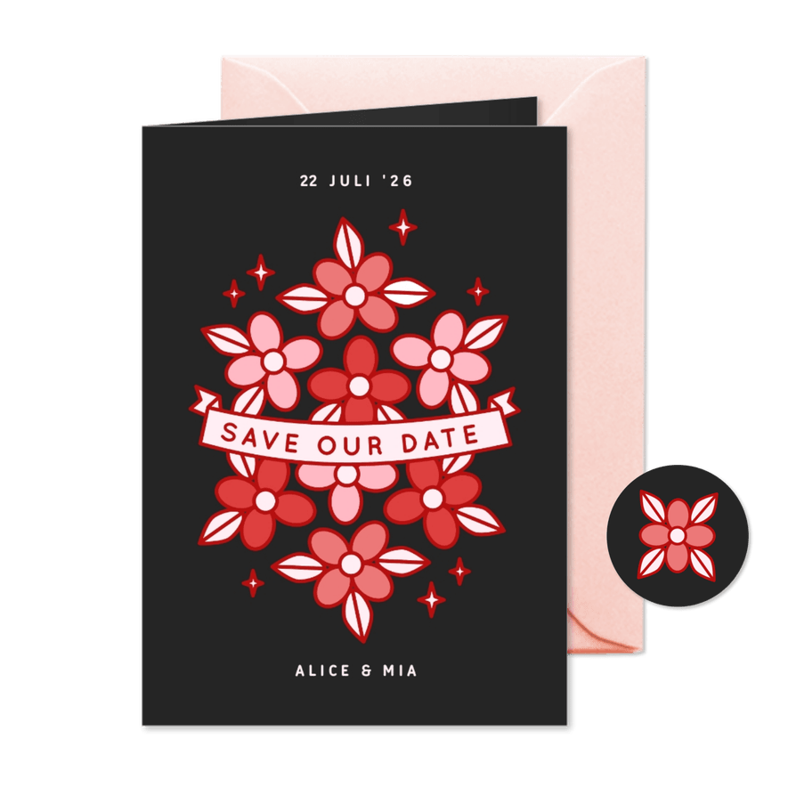 Zwarte save the date kaart met rode en roze bloemen - Kaartimpressie
