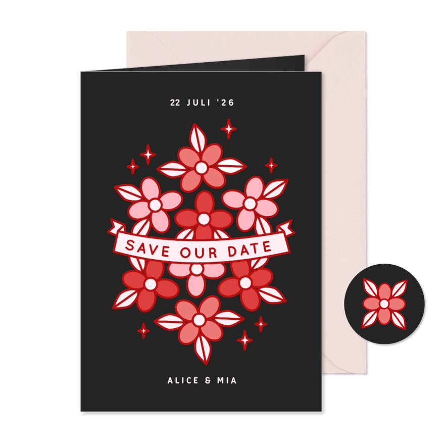  Zwarte save the date kaart met rode en roze bloemen - Kaartimpressie