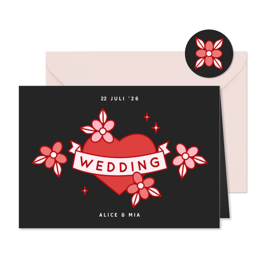 Zwarte trouwkaart met rode en roze bloemen en hart - Kaartimpressie